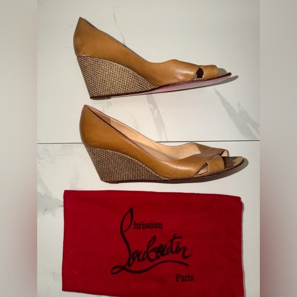 Christian Louboutin Tan Leather Wedge Espadrilles Red Bottom PeepToe Heels EU40 - Picture 4 of 13